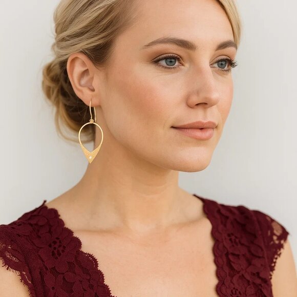 New 14K Gold Plated Drop Hoop Earrings Sterling Silver Diamond Fancy Formal - Picture 7 of 7